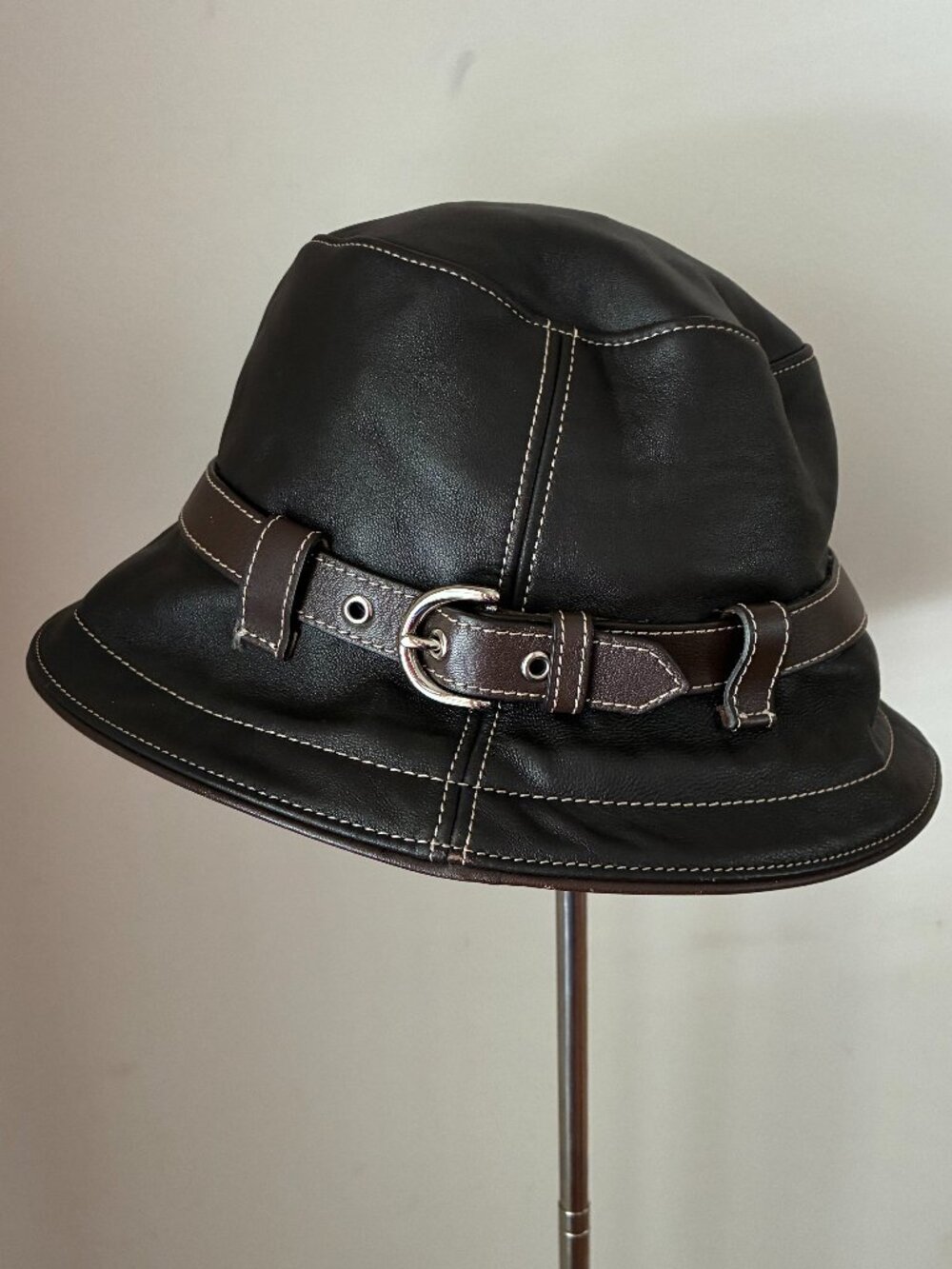 Coach Leather Bucket Hat — Dark Brown with Belt Buckle Detail, Size P/S